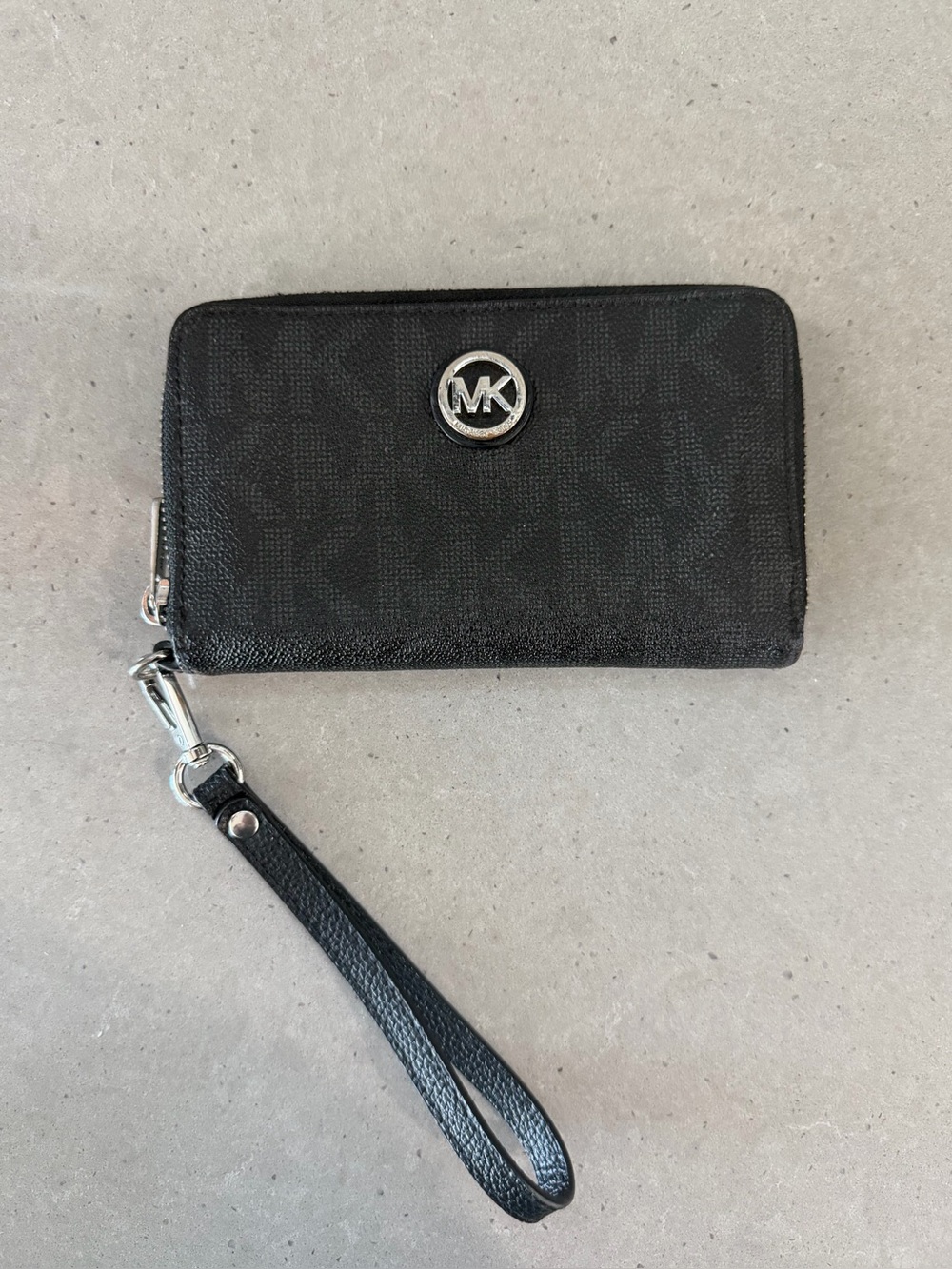 Michael Kors Black Logo Zip Wristlet with Silver MK Hardware